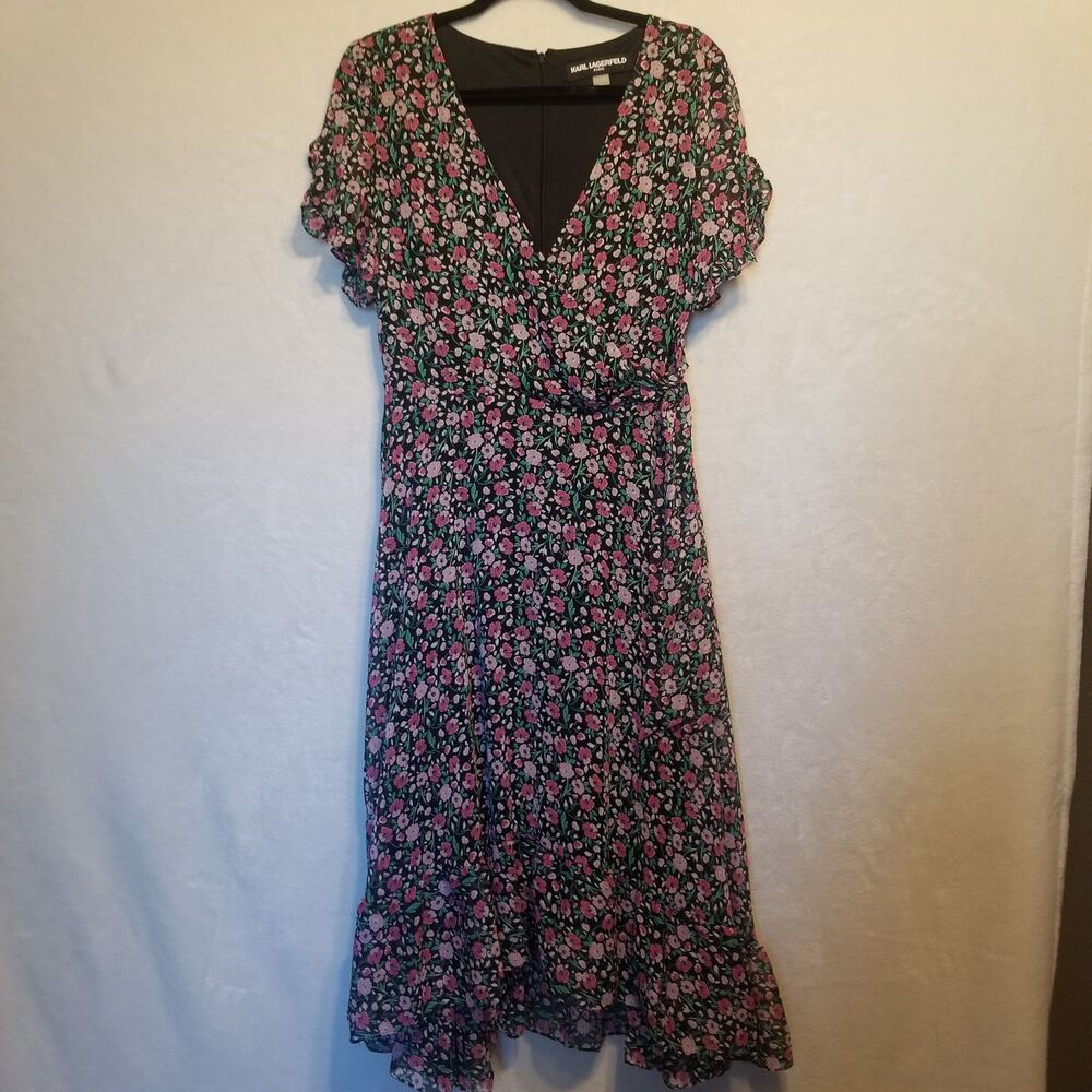 Karl Lagerfeld Sz 6 Dress Midi Chiffon Surplice Dark Floral Cottagecore Office
